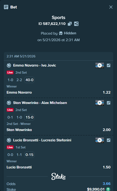 Bet slip: Emma Navarro - Iva Jovic, $10,000.00 stake at 1.22 odds, placed by Hidden