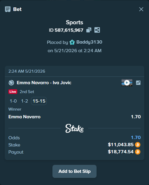 Bet slip: Emma Navarro - Iva Jovic, $9,200.34 stake at 1.70 odds, placed by Baddy3130