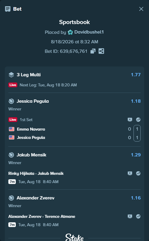 Bet slip: Emma Navarro - Jessica Pegula, $20,428.47 stake at 1.18 odds, placed by Davidbushel1