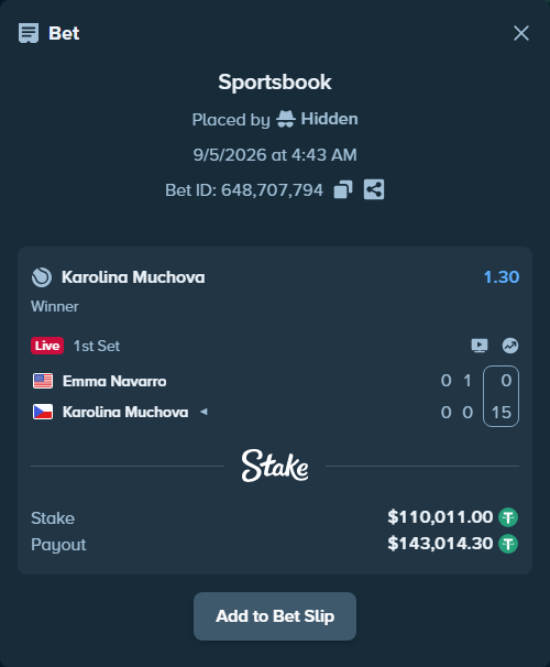 Bet slip: Emma Navarro - Karolina Muchova, $110,000.00 stake at 1.30 odds, placed by Hidden