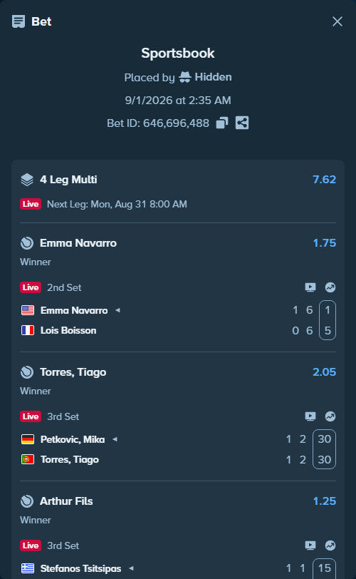 Bet slip: Emma Navarro - Lois Boisson, $10,000.00 stake at 1.75 odds, placed by Hidden