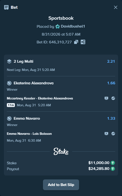 Bet slip: Emma Navarro - Lois Boisson, $11,000.00 stake at 1.33 odds, placed by Davidbushel1