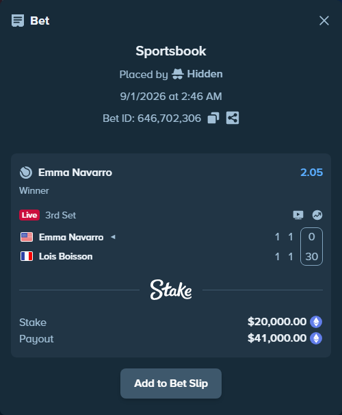 Bet slip: Emma Navarro - Lois Boisson, $20,057.45 stake at 2.05 odds, placed by Hidden