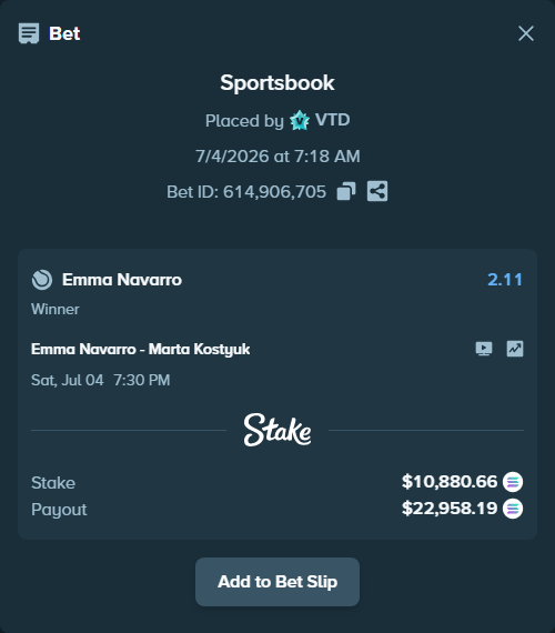 Bet slip: Emma Navarro - Marta Kostyuk, $10,873.45 stake at 2.11 odds, placed by VTD