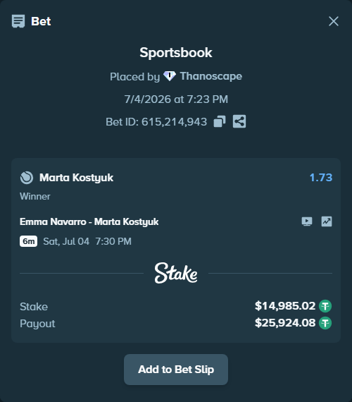 Bet slip: Emma Navarro - Marta Kostyuk, $15,000.00 stake at 1.73 odds, placed by Thanoscape