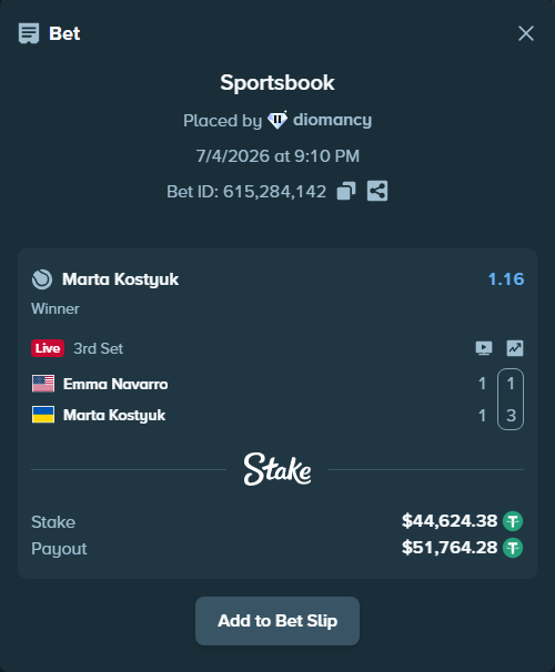 Bet slip: Emma Navarro - Marta Kostyuk, $44,669.00 stake at 1.16 odds, placed by diomancy