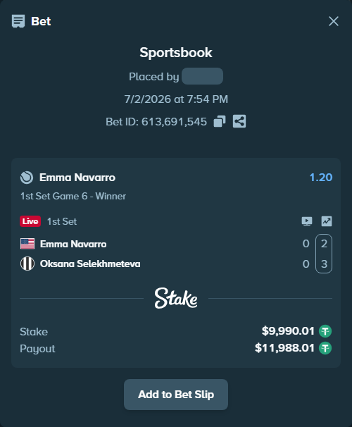 Bet slip: Emma Navarro - Oksana Selekhmeteva, $10,000.00 stake at 1.20 odds, placed by diomancy