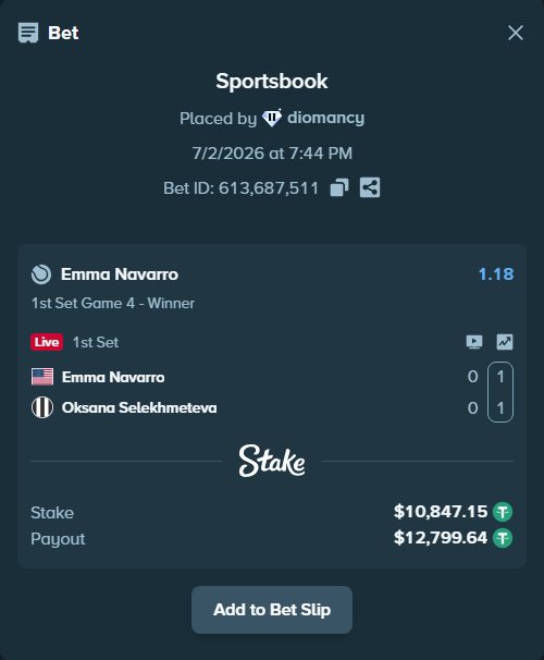 Bet slip: Emma Navarro - Oksana Selekhmeteva, $10,858.00 stake at 1.18 odds, placed by diomancy