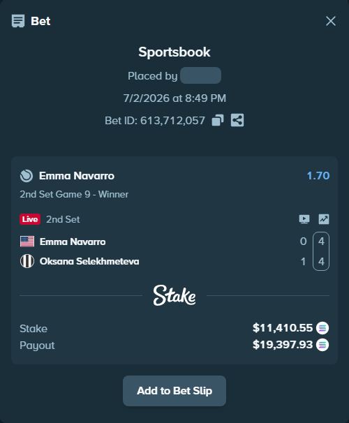 Bet slip: Emma Navarro - Oksana Selekhmeteva, $11,525.00 stake at 1.70 odds, placed by Prettylfacko98