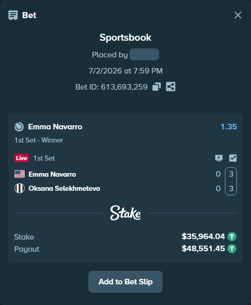Bet slip: Emma Navarro - Oksana Selekhmeteva, $36,000.00 stake at 1.35 odds, placed by diomancy