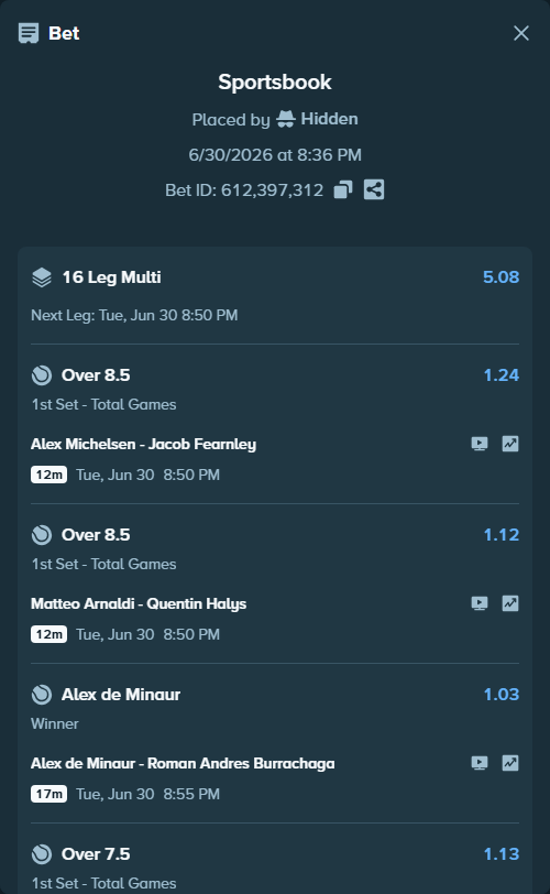 Bet slip: Emma Navarro - Paula Badosa, $100,000.00 stake at 1.11 odds, placed by Hidden
