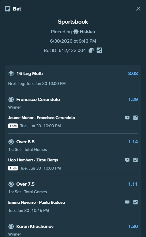 Bet slip: Emma Navarro - Paula Badosa, $75,150.00 stake at 1.11 odds, placed by Hidden
