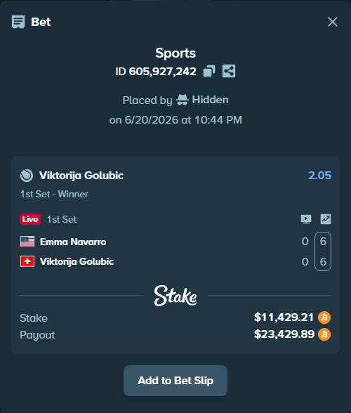 Bet slip: Emma Navarro - Viktorija Golubic, $10,803.25 stake at 2.05 odds, placed by Hidden