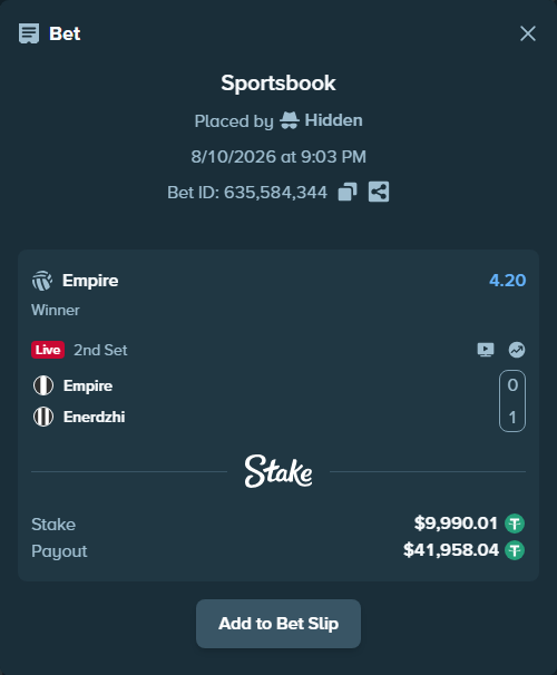 Bet slip: Empire - Enerdzhi, $10,000.00 stake at 4.20 odds, placed by Hidden