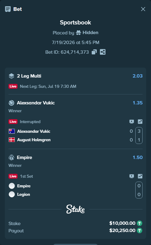 Bet slip: Empire - Legion-Pro, $10,000.00 stake at 1.50 odds, placed by Hidden