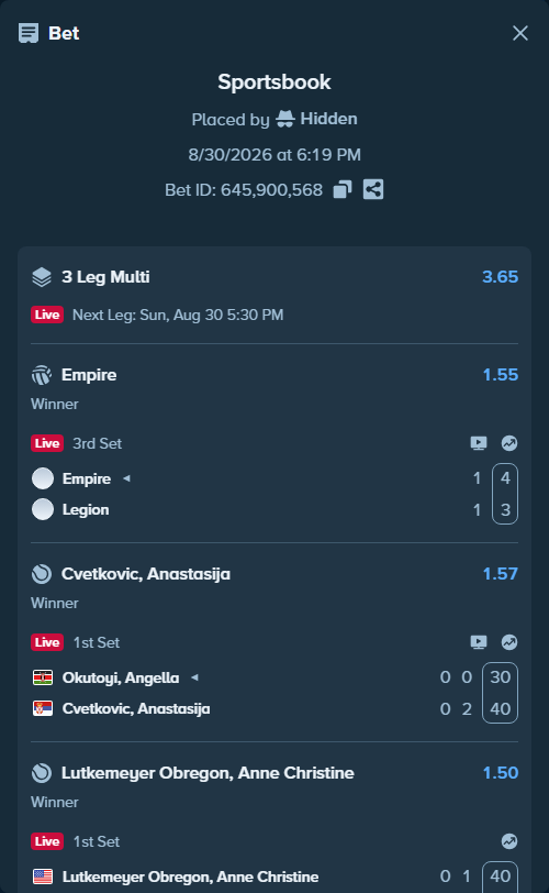 Bet slip: Empire - Legion-Pro, $10,000.00 stake at 1.55 odds, placed by Hidden