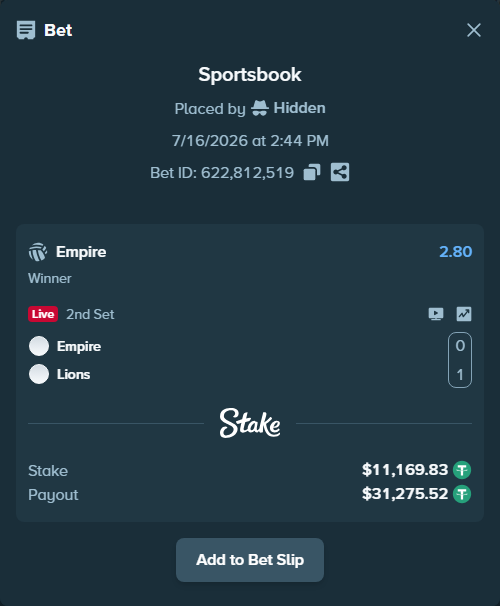 Bet slip: Empire - Lions-Pro, $11,181.00 stake at 2.80 odds, placed by Hidden