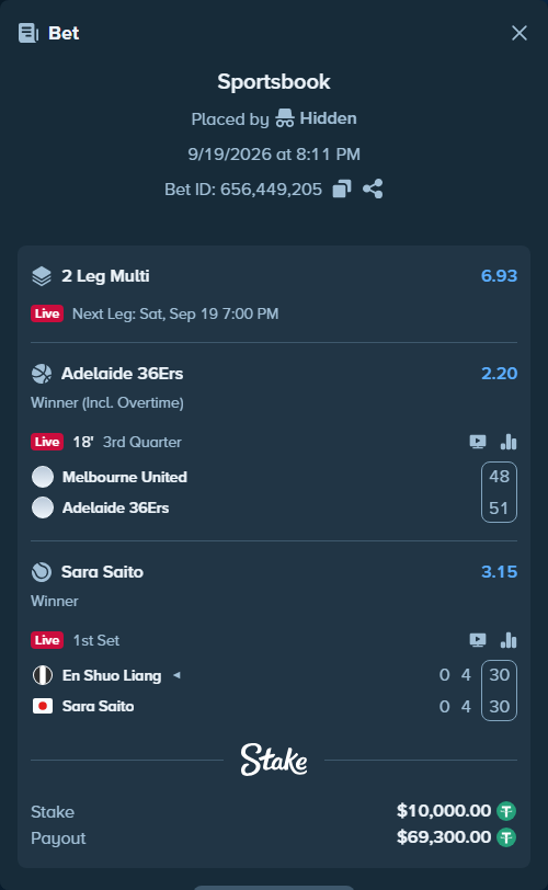 Bet slip: En Shuo Liang - Sara Saito, $10,000.00 stake at 3.15 odds, placed by Hidden