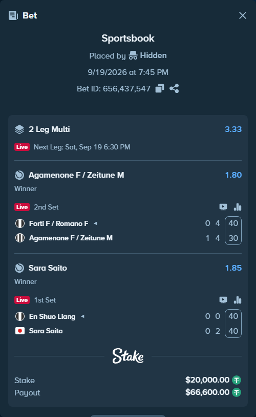 Bet slip: En Shuo Liang - Sara Saito, $20,000.00 stake at 1.85 odds, placed by Hidden