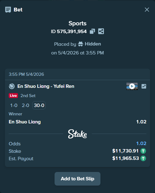 Bet slip: En Shuo Liang - Yufei Ren, $11,730.91 stake at 1.02 odds, placed by Hidden
