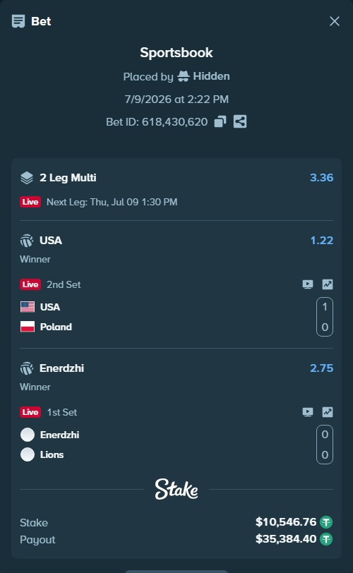 Bet slip: Enerdzhi - Lions-Pro, $10,557.31 stake at 2.75 odds, placed by Hidden