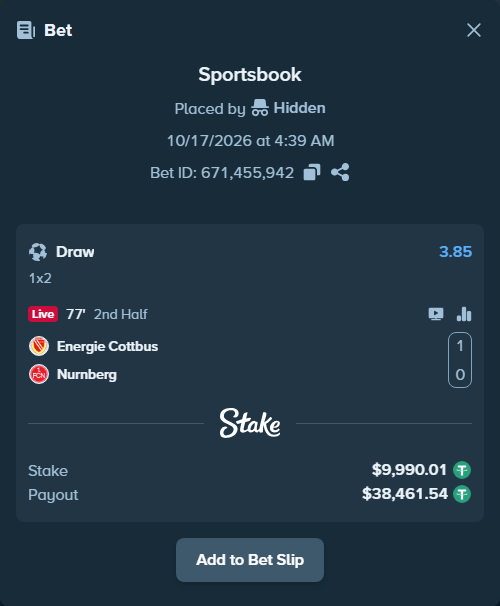 Bet slip: Energie Cottbus - Nurnberg, $10,000.00 stake at 3.85 odds, placed by Hidden
