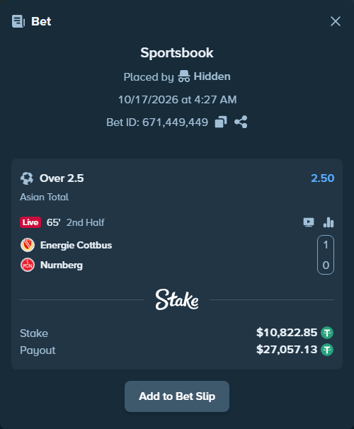 Bet slip: Energie Cottbus - Nurnberg, $10,833.68 stake at 2.50 odds, placed by BetlikeaKing
