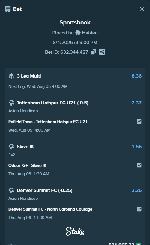 Bet slip: Enfield Town - Tottenham Hotspur FC U21, $21,086.38 stake at 2.37 odds, placed by Hidden