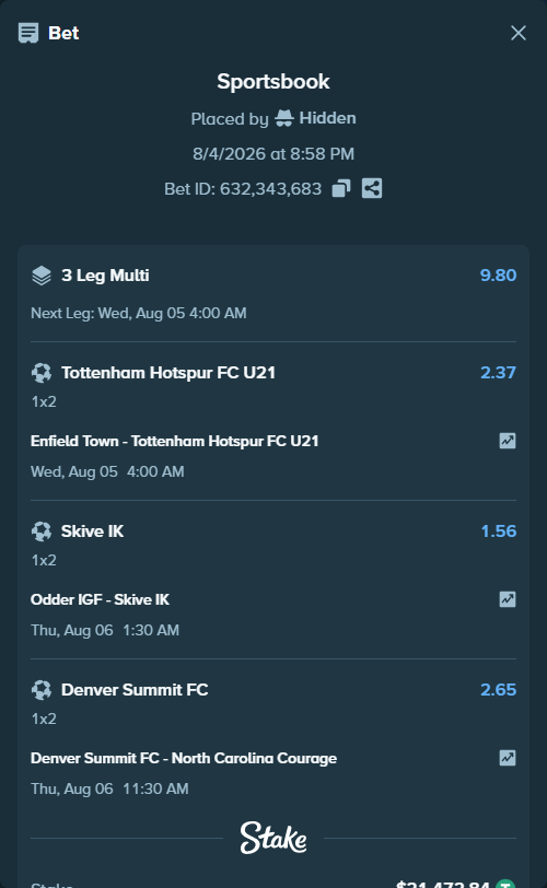 Bet slip: Enfield Town - Tottenham Hotspur FC U21, $21,494.32 stake at 2.37 odds, placed by Hidden