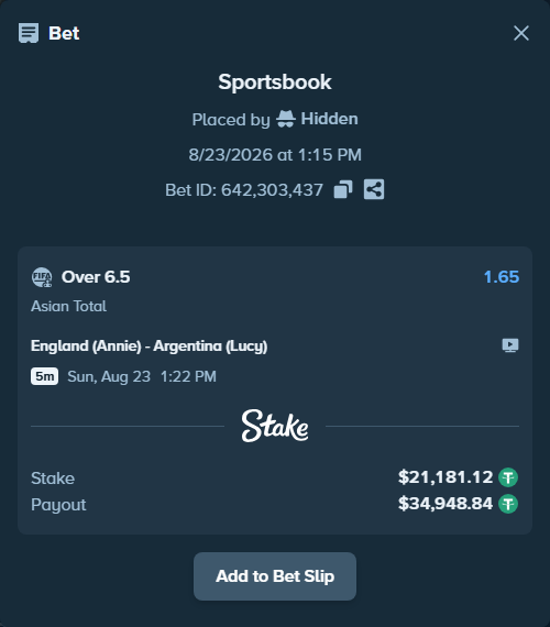 Bet slip: England (Annie) - Argentina (Lucy), $21,179.00 stake at 1.65 odds, placed by Hidden