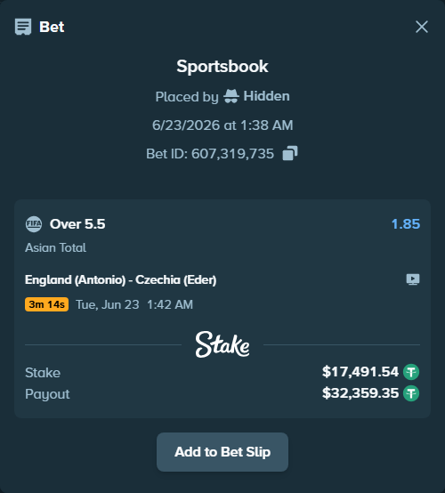 Bet slip: England (Antonio) - Czechia (Eder), $17,509.03 stake at 1.85 odds, placed by Hidden