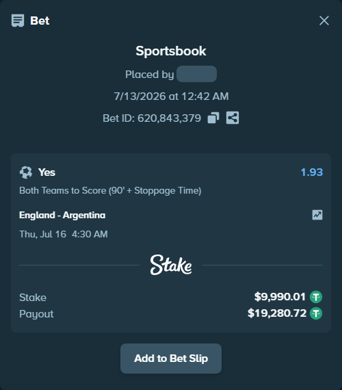 Bet slip: England - Argentina, $10,000.00 stake at 1.93 odds, placed by oxorona