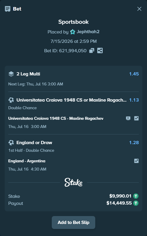 Bet slip: England - Argentina, $10,000.00 stake at 1.28 odds, placed by Jephthah2