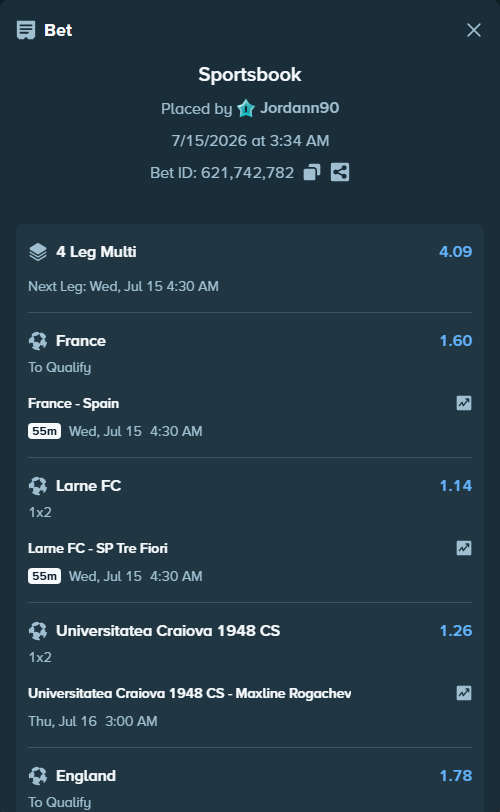 Bet slip: England - Argentina, $10,279.97 stake at 1.78 odds, placed by Jordann90