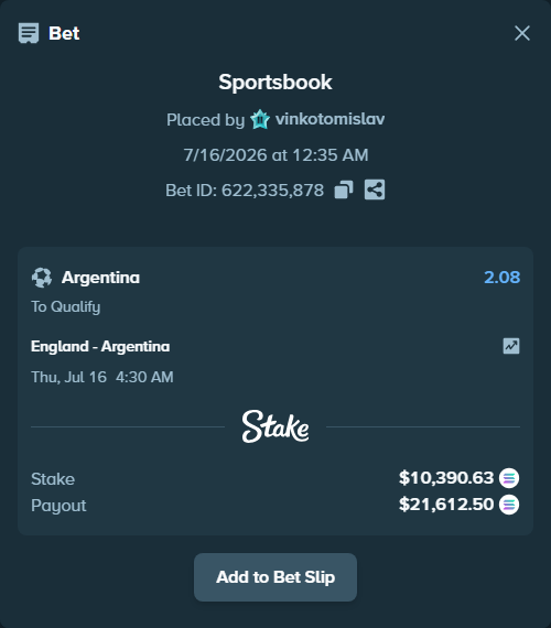 Bet slip: England - Argentina, $9,665.11 stake at 2.08 odds, placed by vinkotomislav