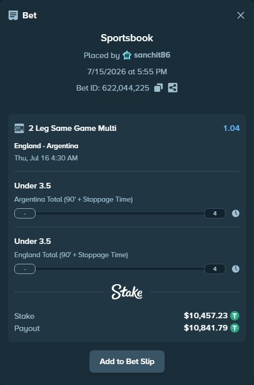 Bet slip: England - Argentina, $10,467.68 stake at 1.01 odds, placed by sanchit86