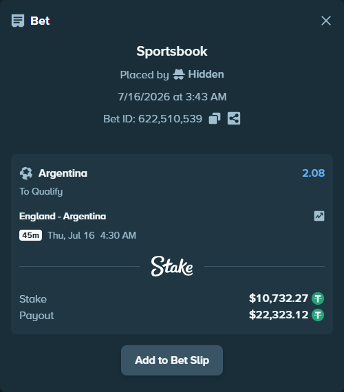 Bet slip: England - Argentina, $10,743.00 stake at 2.08 odds, placed by Adnanejoker