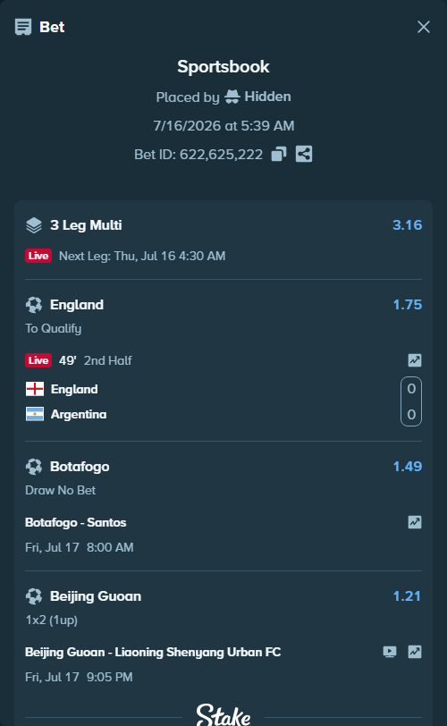 Bet slip: England - Argentina, $11,111.00 stake at 1.75 odds, placed by Hidden