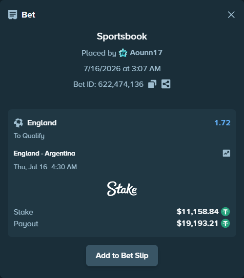 Bet slip: England - Argentina, $11,170.00 stake at 1.72 odds, placed by Aounn17