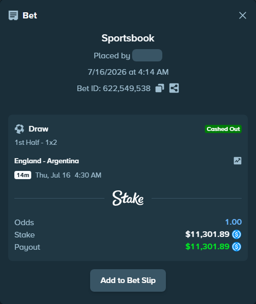 Bet slip: England - Argentina, $11,301.89 stake at 2.02 odds, placed by AdrewTate