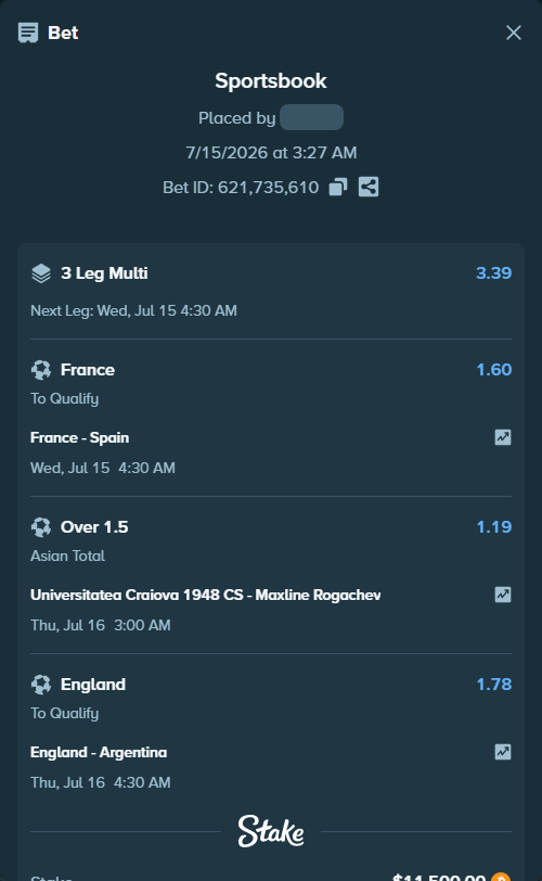 Bet slip: England - Argentina, $11,450.96 stake at 1.78 odds, placed by Jordann90