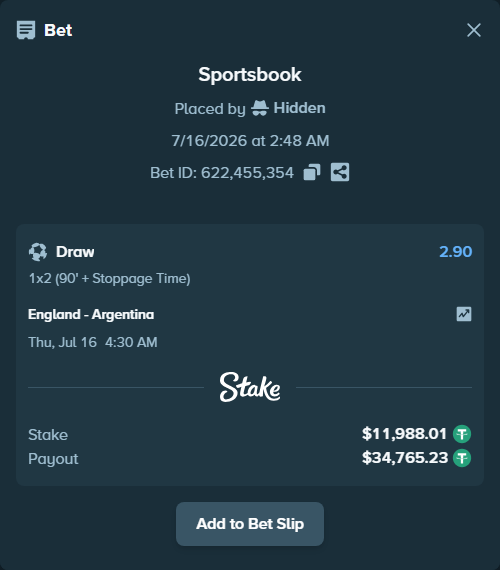 Bet slip: England - Argentina, $12,000.00 stake at 2.90 odds, placed by Hkarnib99