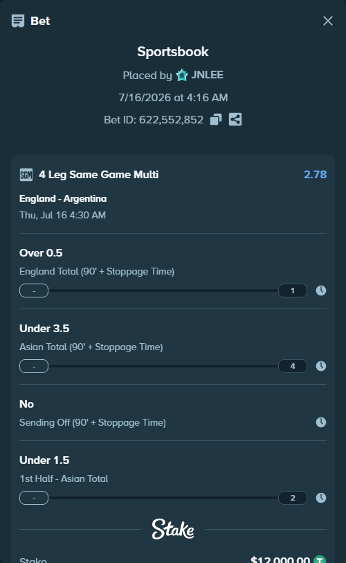 Bet slip: England - Argentina, $12,012.00 stake at 1.36 odds, placed by JNLEE
