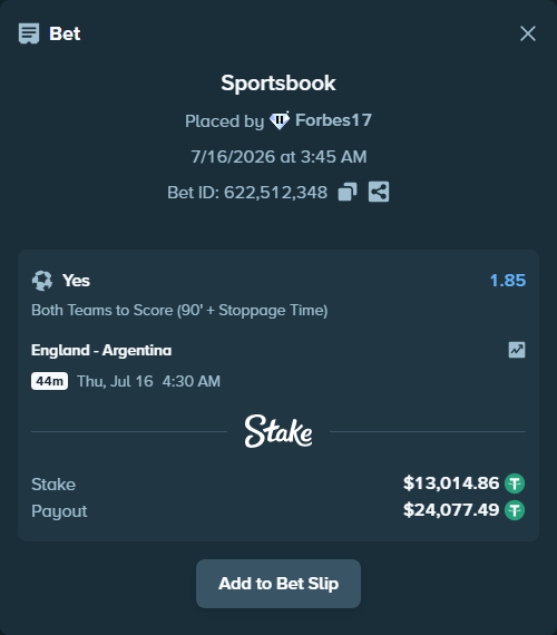 Bet slip: England - Argentina, $13,027.87 stake at 1.85 odds, placed by Forbes17