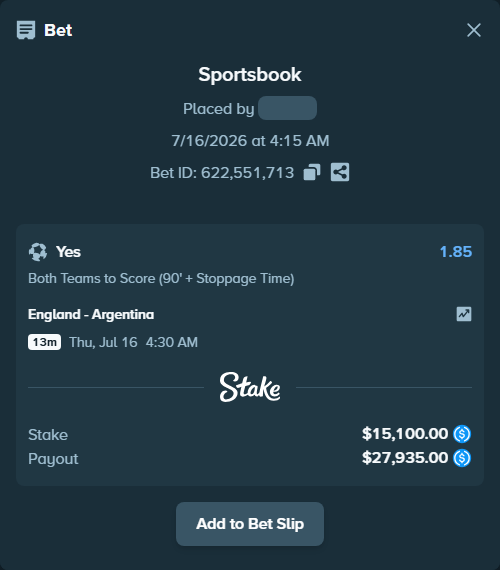 Bet slip: England - Argentina, $15,100.00 stake at 1.85 odds, placed by bappuji668