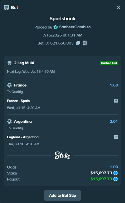 Bet slip: England - Argentina, $15,697.73 stake at 2.01 odds, placed by SanbeerGambles