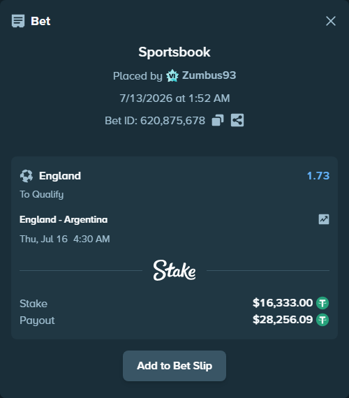 Bet slip: England - Argentina, $16,349.33 stake at 1.73 odds, placed by Zumbus93