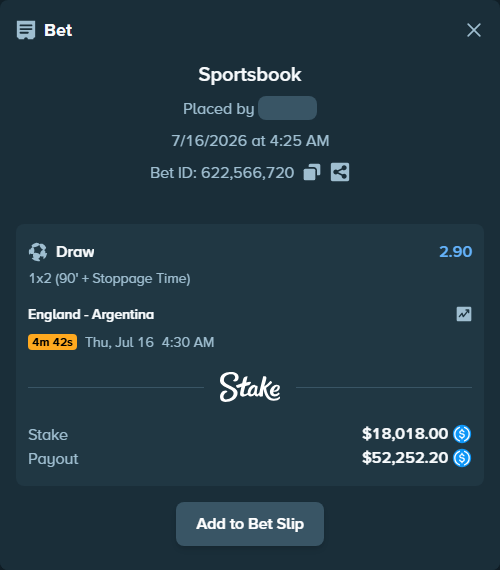 Bet slip: England - Argentina, $18,018.00 stake at 2.90 odds, placed by NaomiJenkinsQ