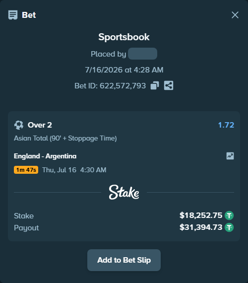 Bet slip: England - Argentina, $18,271.00 stake at 1.72 odds, placed by roha1292