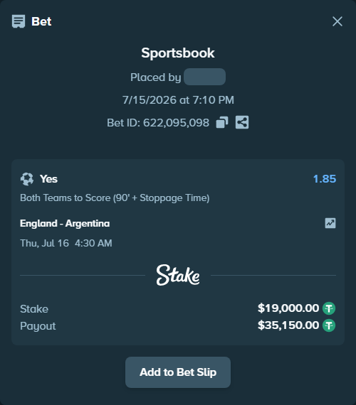 Bet slip: England - Argentina, $19,019.00 stake at 1.85 odds, placed by Kazlic